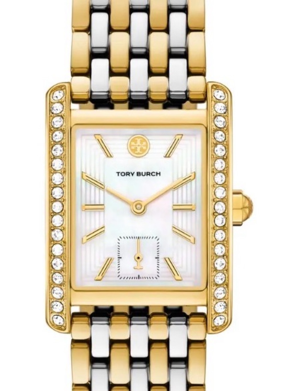 Tory Burch Two-Tone Gold and Silver Crystal-Accent Rectangular Watch